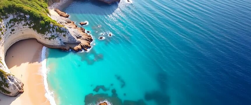 Aerial view of a serene tropical beach with gentle waves lapping at the shore, camera slowly panning over turquoise water and lush green cliffs, cinematic and tranquil.