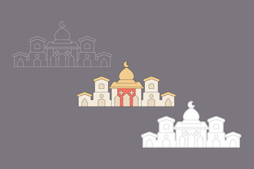Mosque illustration with three different styles. Minimalist aesthetic mosque with a combination of red and pastel cream colors. Aesthetic mosque. Ramadan theme, vector illustration.