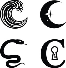 Obraz premium Minimalist Black and White Vector Icon Set Featuring Ocean Wave, Celestial Moon, Snake, and Keyhole Letter C Silhouette.