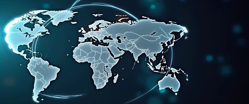 Illuminated world map animation with gentle ambient glow, camera slowly panning across continents, highlighting global connections in a sleek, modern, and cinematic style.