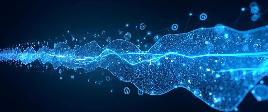 Futuristic digital data stream pulses forward as the camera smoothly pans, with intricate blue lines and glowing nodes in a dynamic, cinematic digital technology scene.