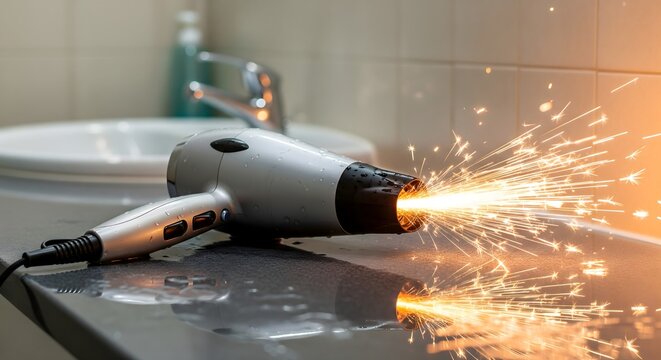 Hair Dryer Creating Sparks Near Bathroom Sink, Electrical Safety Hazard at Home, Appliance Malfunction, Shock Risk, Fire Danger and Household Safety Awareness Concept
