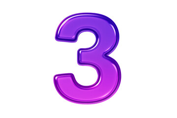 Purple number three icon for countdown ranking mathematical digit and 3d numerical list element design isolated on transparent background
