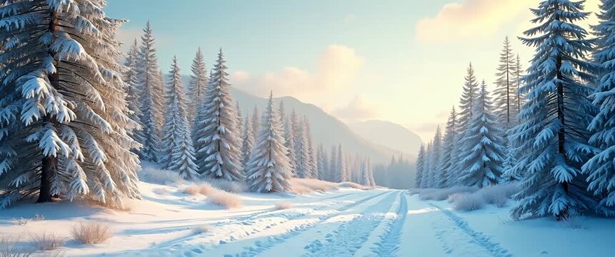 Serene winter landscape at sunrise, with snow-laden trees gently swaying, as the camera slowly pans across the tranquil scene, capturing the cinematic beauty of nature's quiet elegance.