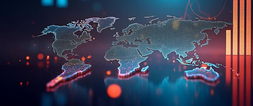 Digital world map with glowing connections pulses subtly while camera slowly pans across, highlighting global network concepts in a futuristic, cinematic style.