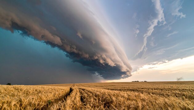 Dramatic supercell storm cloud looming over a golden wheat field at sunset