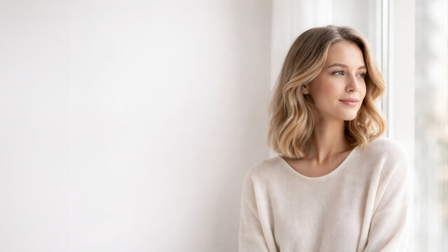 Beautiful young woman with soft smile looking out the window, wearing light sweater, in bright room with minimal background