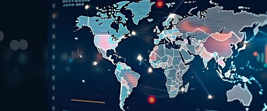 Digital world map flickers with animated data points, as the camera gently pans across a futuristic, cinematic interface, highlighting global connections and technology trends.