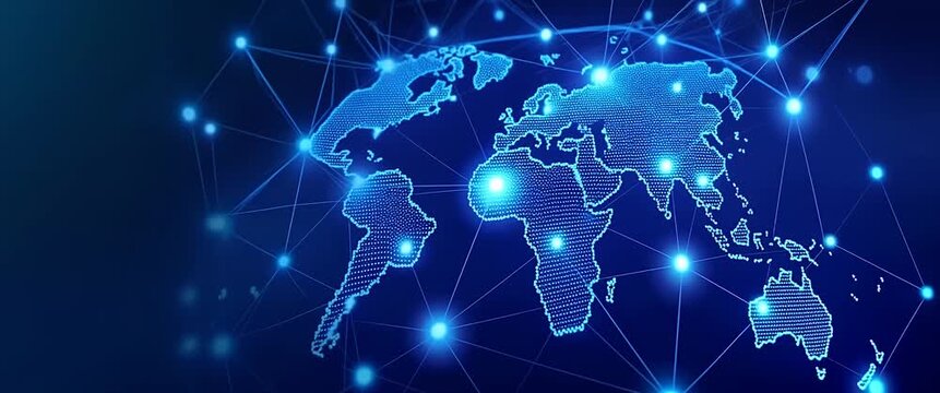 Cinematic digital network map with glowing nodes and lines, gently pulsing; slow camera pan across a futuristic world map, highlighting global connectivity and technology innovation.