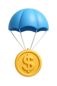 Gold dollar coin falling with blue parachute for financial concept of wealth distribution airdrop and investment stimulus isolated on transparent background