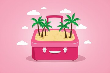 Pink travel suitcase with tropical beach and palm tree print on pastel pink background. Concept of summer vacation, creative travel and tourism
