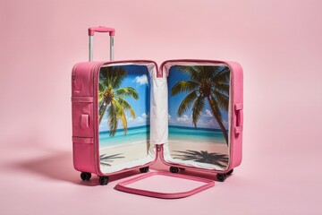 Pink travel suitcase with tropical beach and palm tree print on pastel pink background. Concept of summer vacation, creative travel and tourism