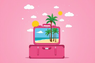 Pink travel suitcase with tropical beach and palm tree print on pastel pink background. Concept of summer vacation, creative travel and tourism