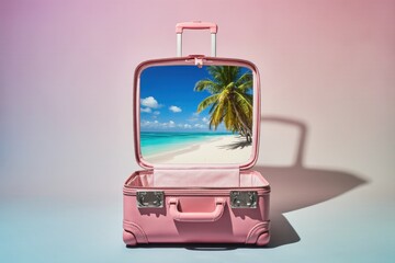 Pink travel suitcase with tropical beach and palm tree print on pastel pink background. Concept of summer vacation, creative travel and tourism