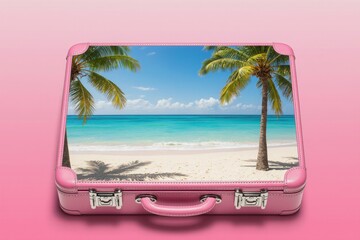 Pink travel suitcase with tropical beach and palm tree print on pastel pink background. Concept of summer vacation, creative travel and tourism