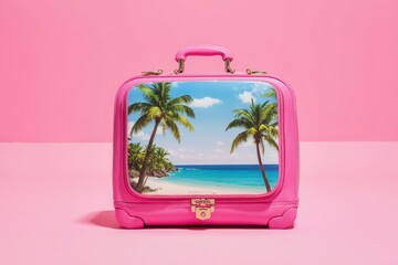 Pink travel suitcase with tropical beach and palm tree print on pastel pink background. Concept of summer vacation, creative travel and tourism