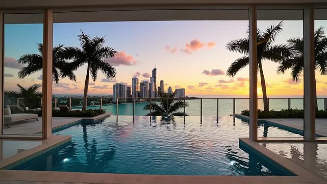 Extravagant trillion dollar view at a luxurious penthouse in Miami with sleek modern architecture, floor-to-ceiling windows, and lavish interior design elements, including marble countertops
