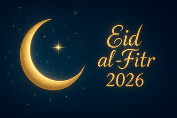 Naklejka premium A digital illustration of a crescent moon and star on a dark blue background with Eid al-Fitr 2026 text