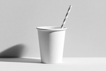 Simple paper cup with straw presented on a light gray background for product presentation