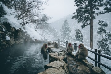 Snow monkeys soaking in a steaming onsen amid a snow-covered Nagano winter