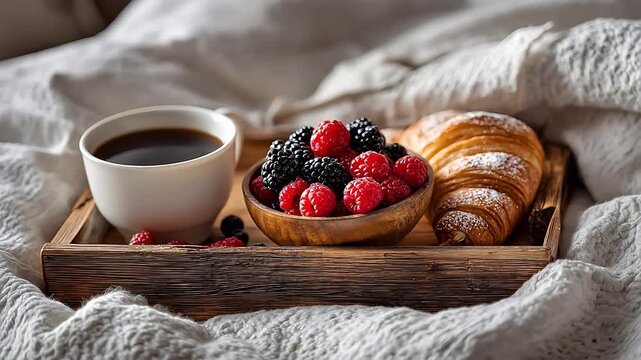 Cozy breakfast in bed setting features a wooden tray with fresh raspberries, a flaky croissant, and black coffee on white textured bed linen.