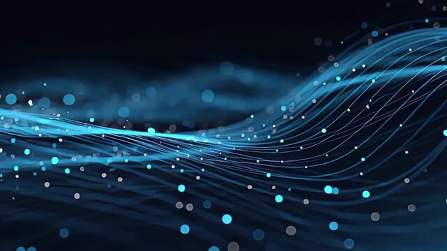 Abstract flowing digital waves of light particles and connected dots forming a futuristic technological network on a dark blue background with bokeh effects