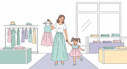 Happy Mother and Daughter Shopping for Dresses in a Modern Clothing Boutique