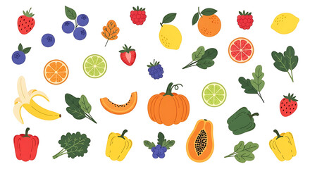Obraz premium Collection of fresh garden vegetables and summer fruits doodles