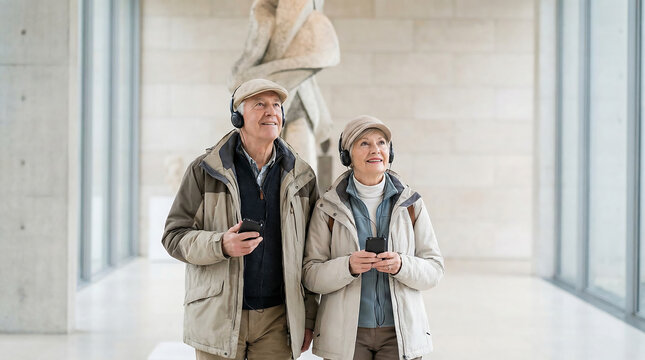 Senior couple using audio guide headphones and smartphones while touring contemporary museum gallery cultural travel technology assisted learning and active retirement leisure