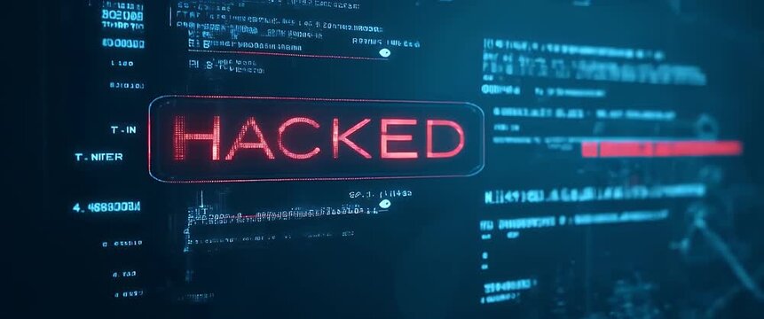 Cinematic close-up of a digital screen displaying a bold Hacked alert, with data streams flickering and a slow pan revealing cyber threats in a secure network environment.