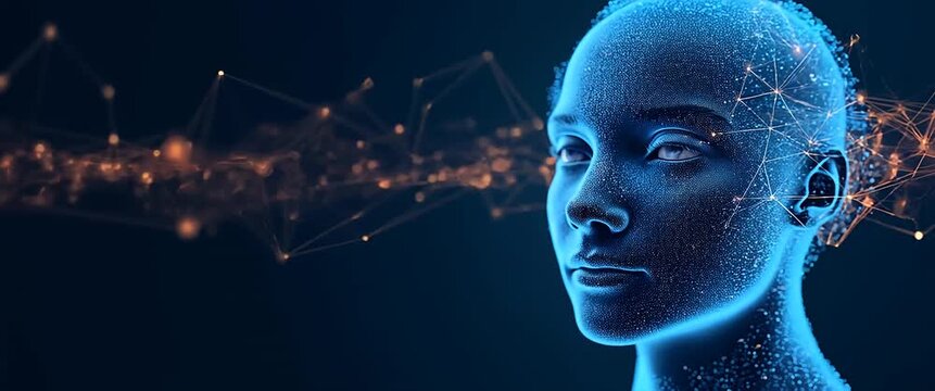 Futuristic digital face with glowing network particles, gently rotating; camera slowly pans across a dark, ambient background with subtle light flickers, creating a cinematic AI technology atmosphere.