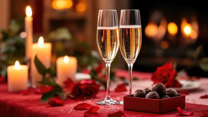 Romantic Evening Celebration Setup with Champagne Roses and Chocolates by Candlelight.