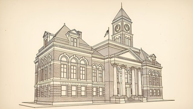 Vintage architectural drawing of historic courthouse building with clock tower