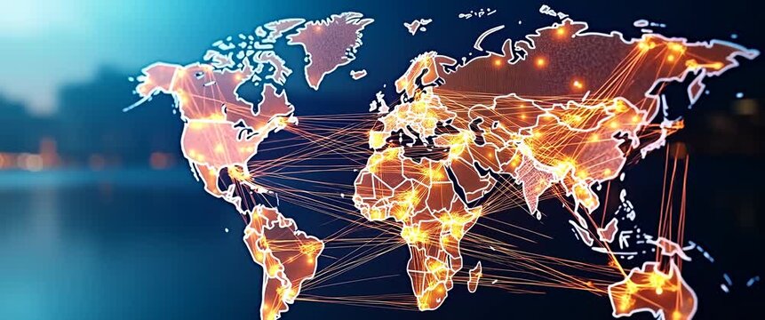 Cinematic world map with glowing network connections animates across continents, while the camera smoothly pans, capturing the dynamic global connectivity and digital transformation.