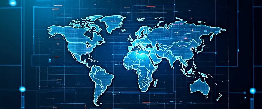 Digital world map glows with network connections, lights flickering subtly, as the camera slowly pans across, creating a cinematic and futuristic technology landscape.