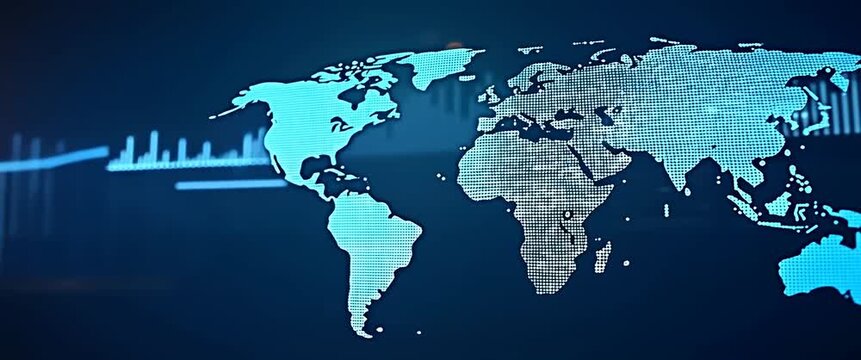 Dynamic data visualization of a digital world map with flickering lights and a gentle panning camera, set against a blurred background of rising financial graphs, in a cinematic style.