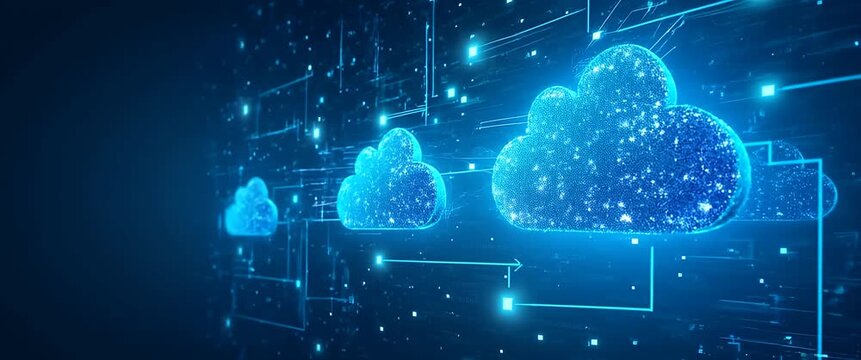 Glowing digital clouds drift across a futuristic network interface as the camera slowly pans, highlighting data flow and connectivity in a sleek, cinematic style.
