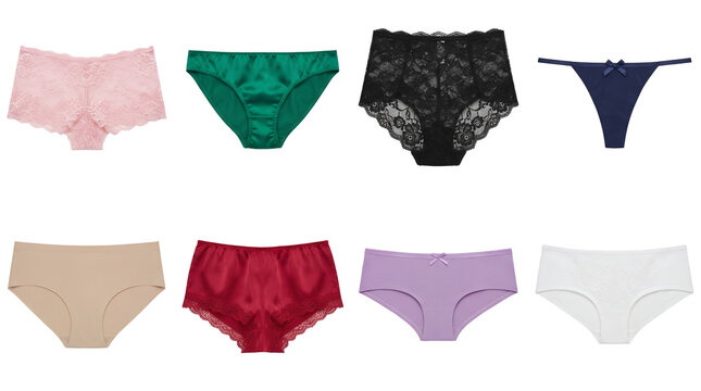 Women's underwear set including lace, satin, cotton, thong, and brief styles isolated. Lingerie and intimate apparel collection.