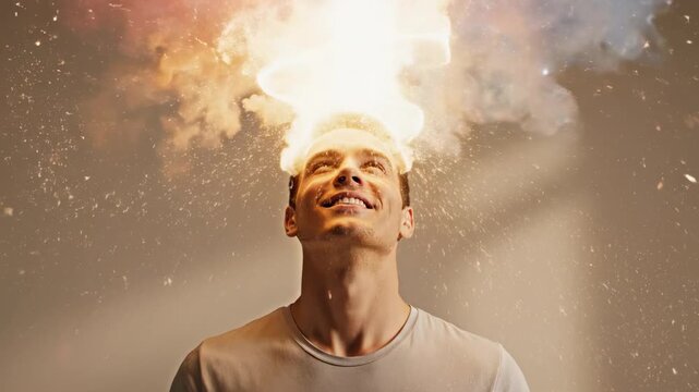 Metaphorical depiction of a man experiencing mental burnout and information overload, visualized as his head exploding with colorful smoke, light, and sparks, symbolizing stress and digital chaos
