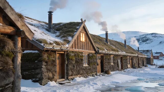 greenlandic longhouse with chimney smoke, large communal dwelling video