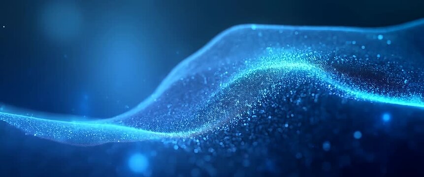 Abstract waves of shimmering blue particles gently sway with a cinematic touch, as the camera slowly pans across a tranquil digital landscape, highlighting mesmerizing light effects.