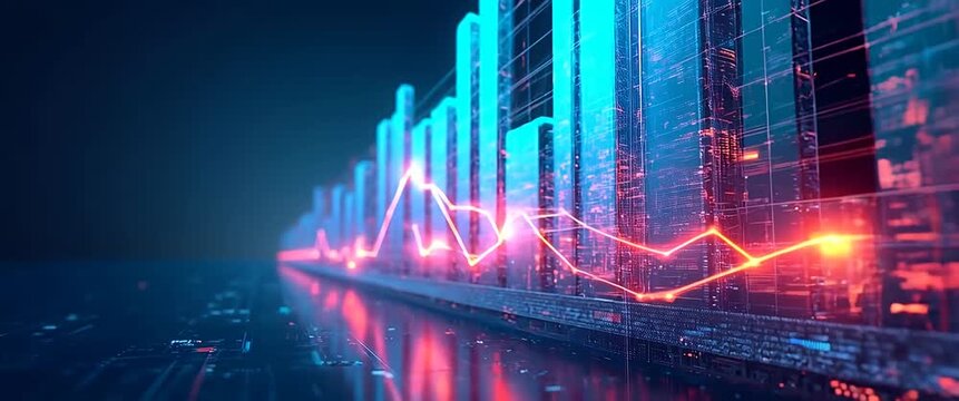 Cinematic data visualization with glowing bar graphs dynamically rising, camera tracking smoothly along digital charts, ambient lights flickering gently, showcasing futuristic financial trends.
