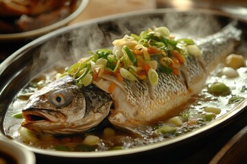 Vibrant Still Life of Steamed Whole Fish with Ginger and Scallions as Dinner Table Centerpiece, Steam Rising