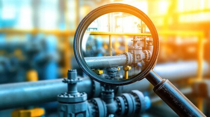 Magnifying glass inspecting complex industrial piping and valves in a manufacturing facility