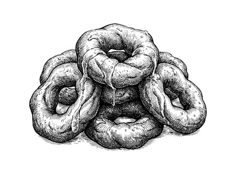 Hand drawn Picarones. Vector vintage engraving sketch of traditional Peruvian pumpkin donuts with syrup isolated on white background.