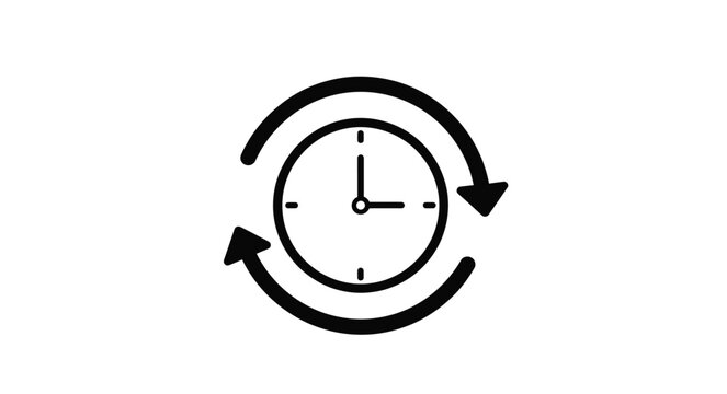 Simple black and white icon of a clock with circular arrows