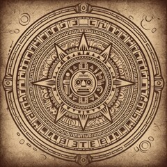 Ancient Aztec Calendar Circular Glyph: Vintage Sepia Art