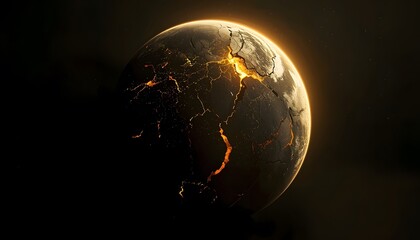 Obraz premium Cracked planet with golden light leaking from inside surreal space art with dramatic atmosphere and dark background