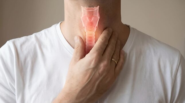 Man in White Shirt Touching Neck with Thyroid Gland Highlighted Against Beige Background