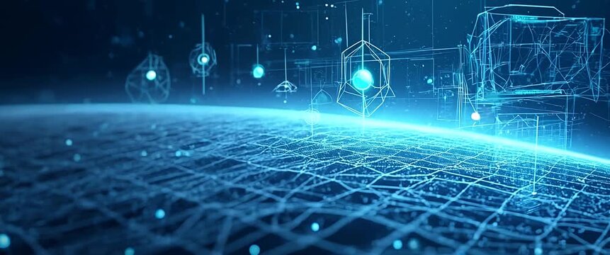 Futuristic digital grid with floating holograms gently animates as the camera slowly pans over a glowing network, creating a cinematic and immersive technology landscape backdrop.